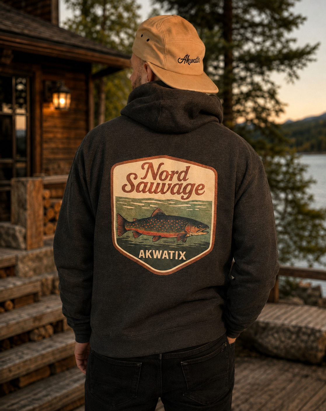 Truite Boréale Hoodie vu de dos, porté naturellement au bord d’un lac