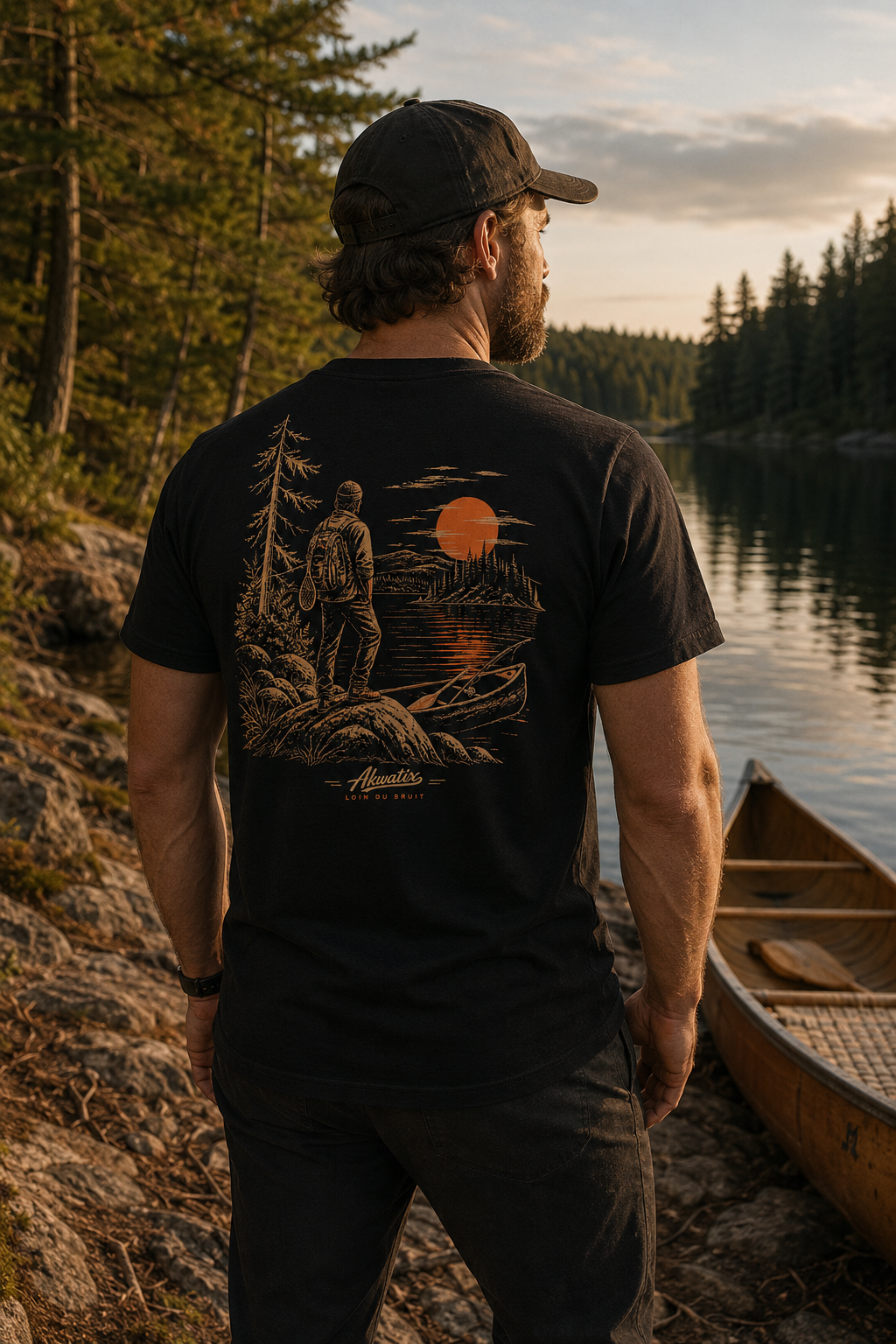 Coureur des bois Tee by Akwatix worn beside a lake, black shirt with vintage back graphic