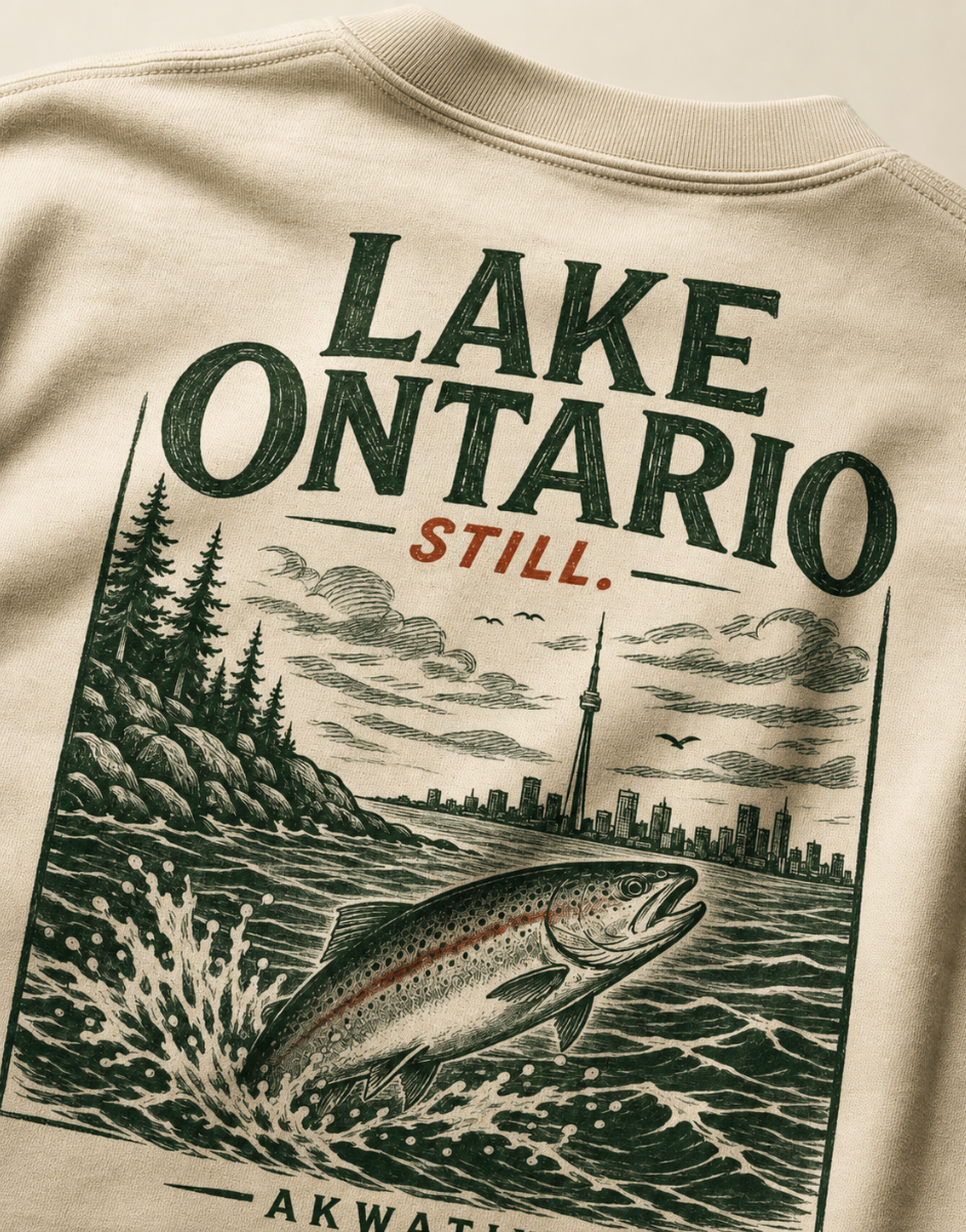 Close-up of the back of a cream-colored sweatshirt featuring a detailed graphic print of Lake Ontario, a jumping trout, pine trees, and the Ontario skyline with the text 'LAKE ONTARIO STILL.'.