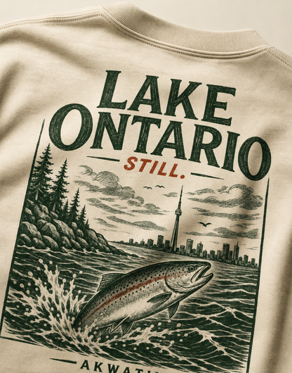 Close-up of the back of a cream-colored sweatshirt featuring a detailed graphic print of Lake Ontario, a jumping trout, pine trees, and the Ontario skyline with the text 'LAKE ONTARIO STILL.'.
