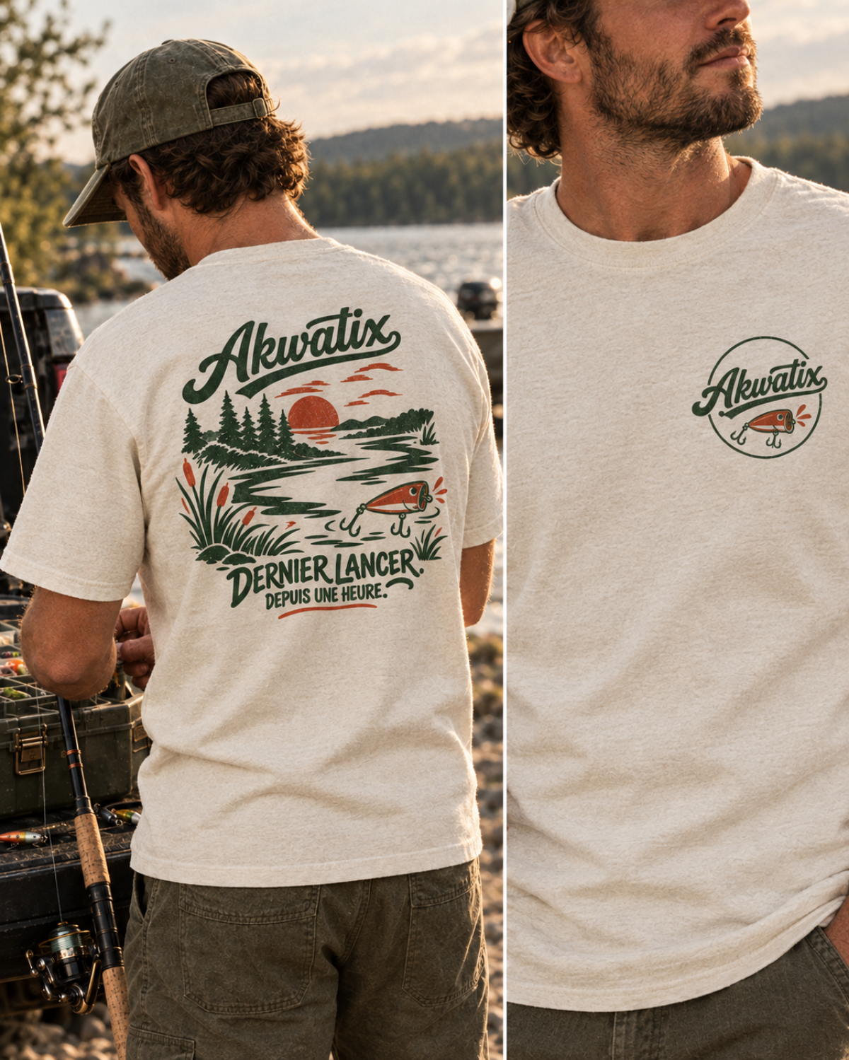 Lifestyle mockup showing the front and back of the Akwatix Last Cast fishing tee.