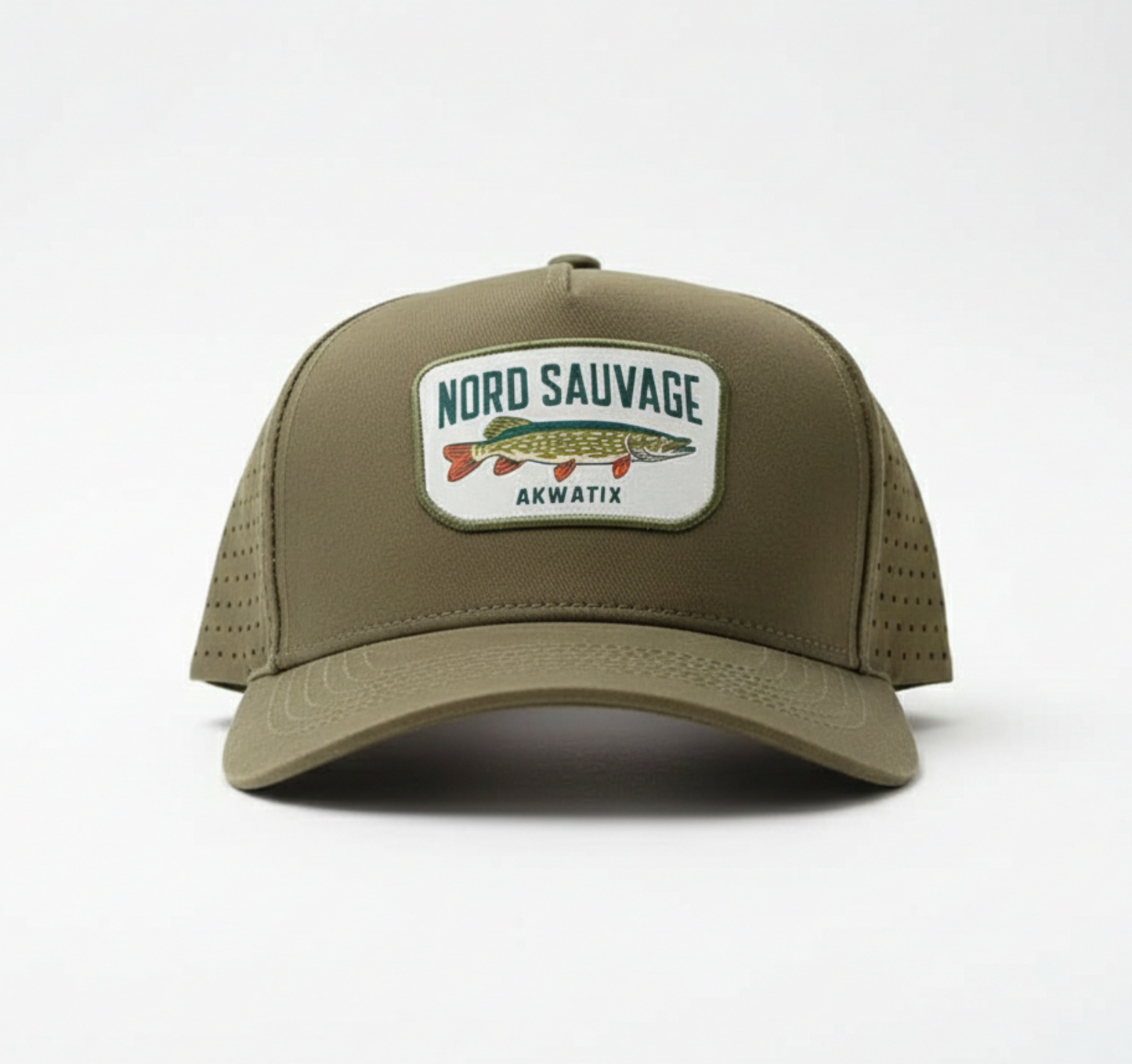 Green fishing cap, a pike logo on a white background