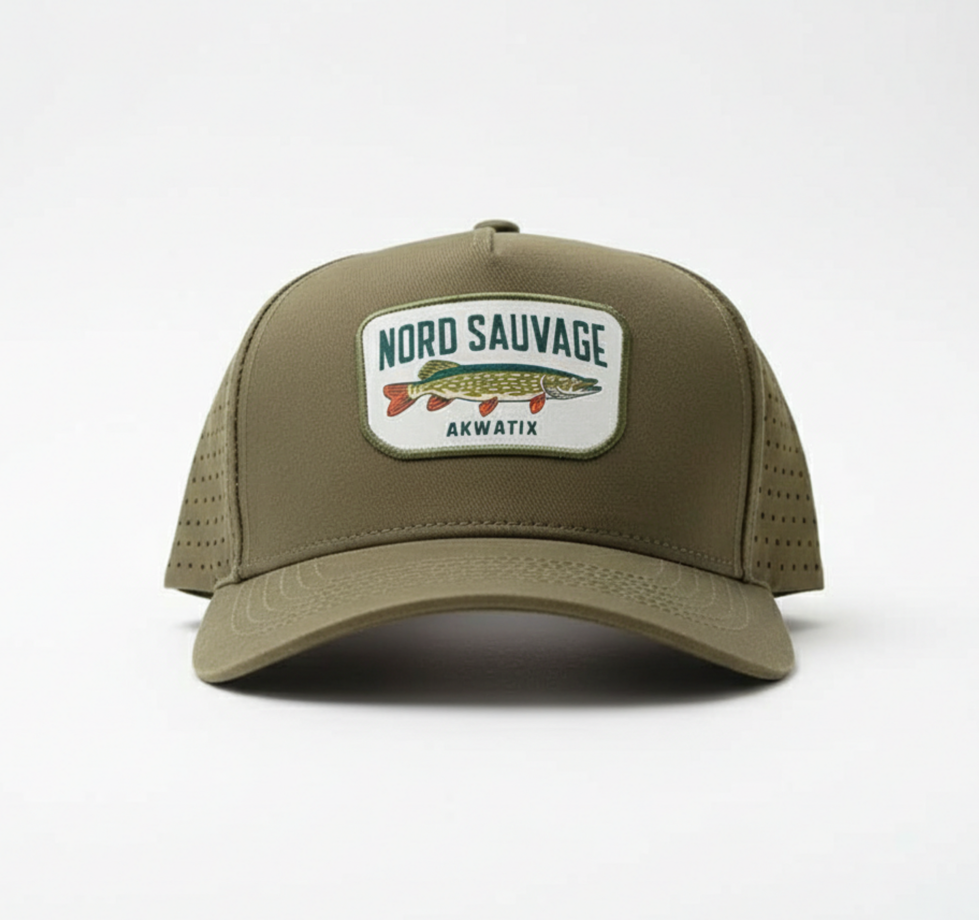 Green fishing cap, a pike logo on a white background