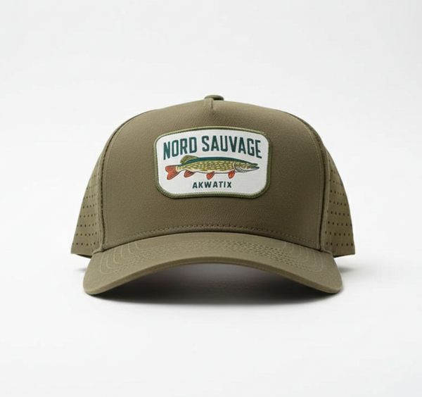 Green fishing cap, a pike logo on a white background