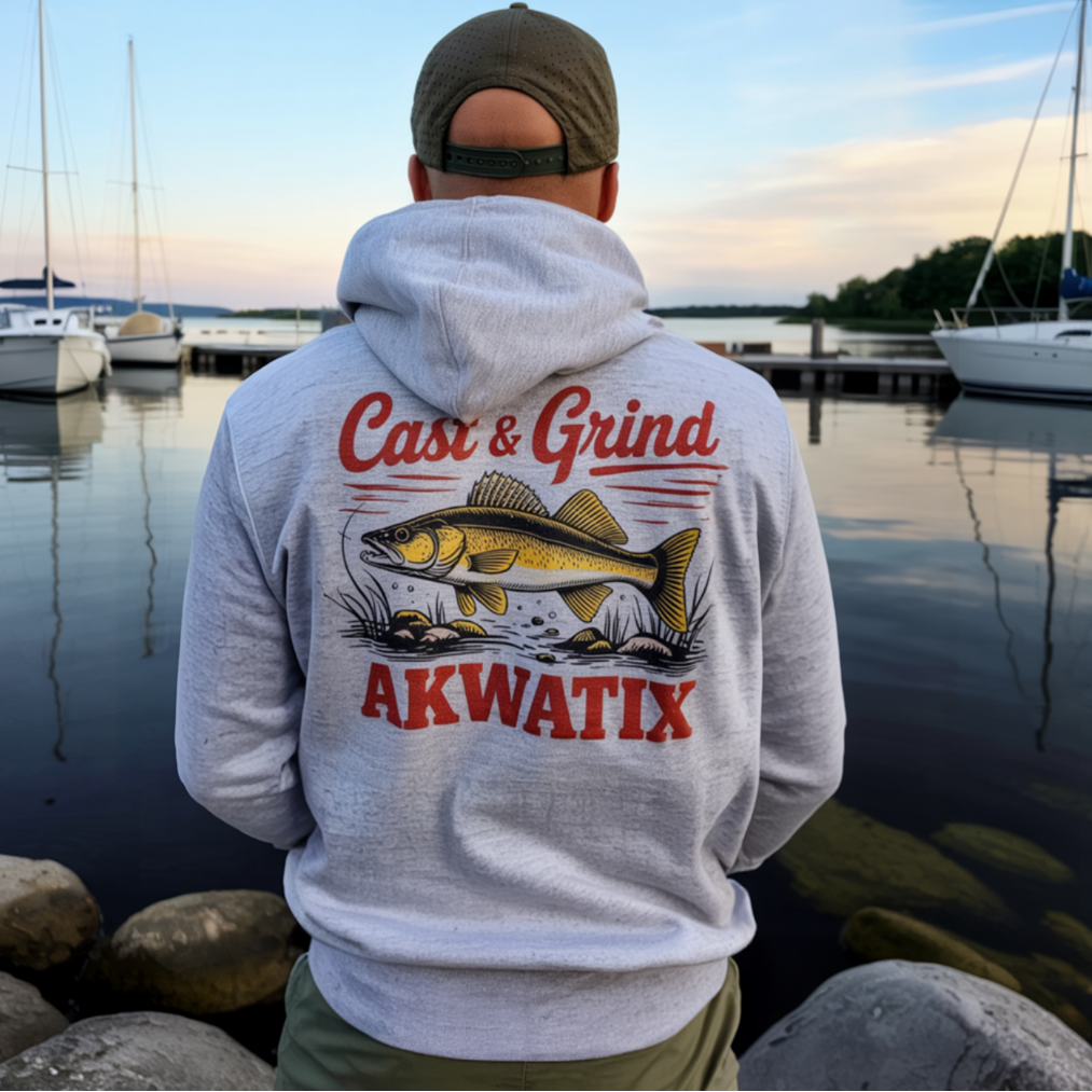 Person wearing a hoodie with 'Cast & Grind AKWATIX' design by a lake with boats.