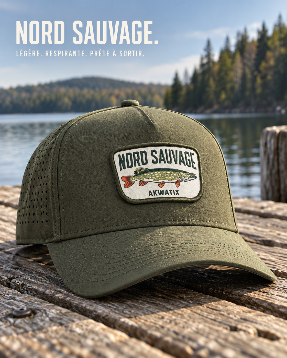 Publicité Akwatix : casquette Nord Sauvage vert olive sur un quai, avec écusson brochet.