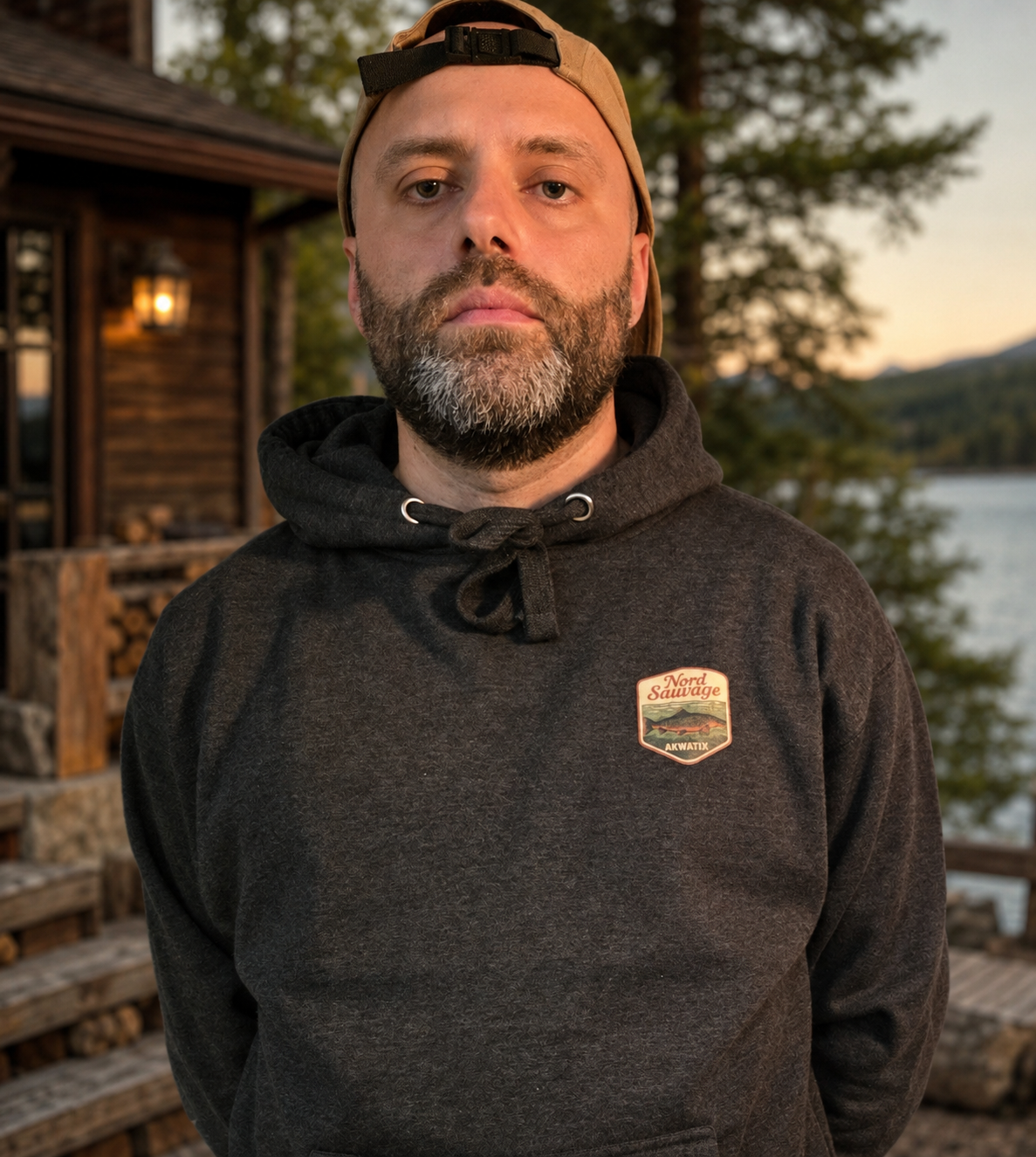 Truite Boréale Hoodie porté par un modèle dans un environnement de chalet au bord d’un lac