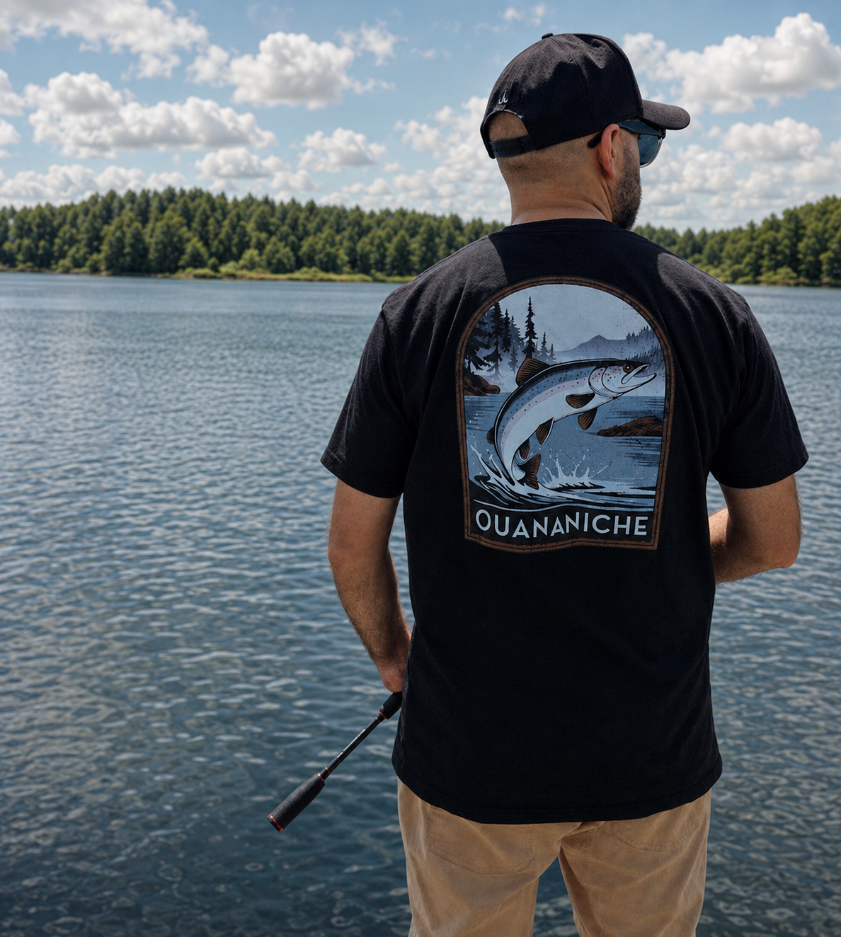 Pêcheur portant le t-shirt épais premium Ouananiche noir d’Akwatix au bord d’un lac