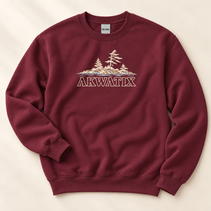 Solitary Island Maroon crewneck with cream artwork — unworn studio flat lay on an ivory background