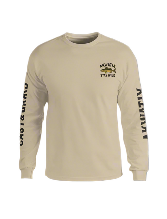 Beige long-sleeve shirt with fishing graphic and text on a black background