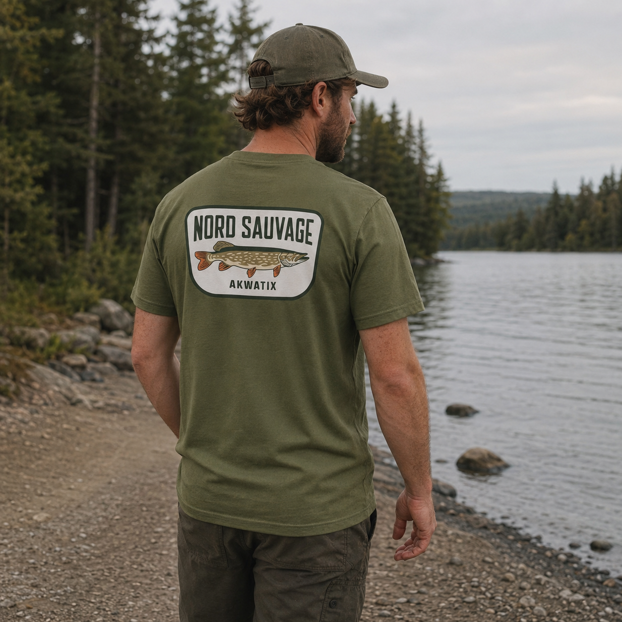 Modèle portant le T-shirt Brochet Nord Sauvage olive au bord d’un lac québécois