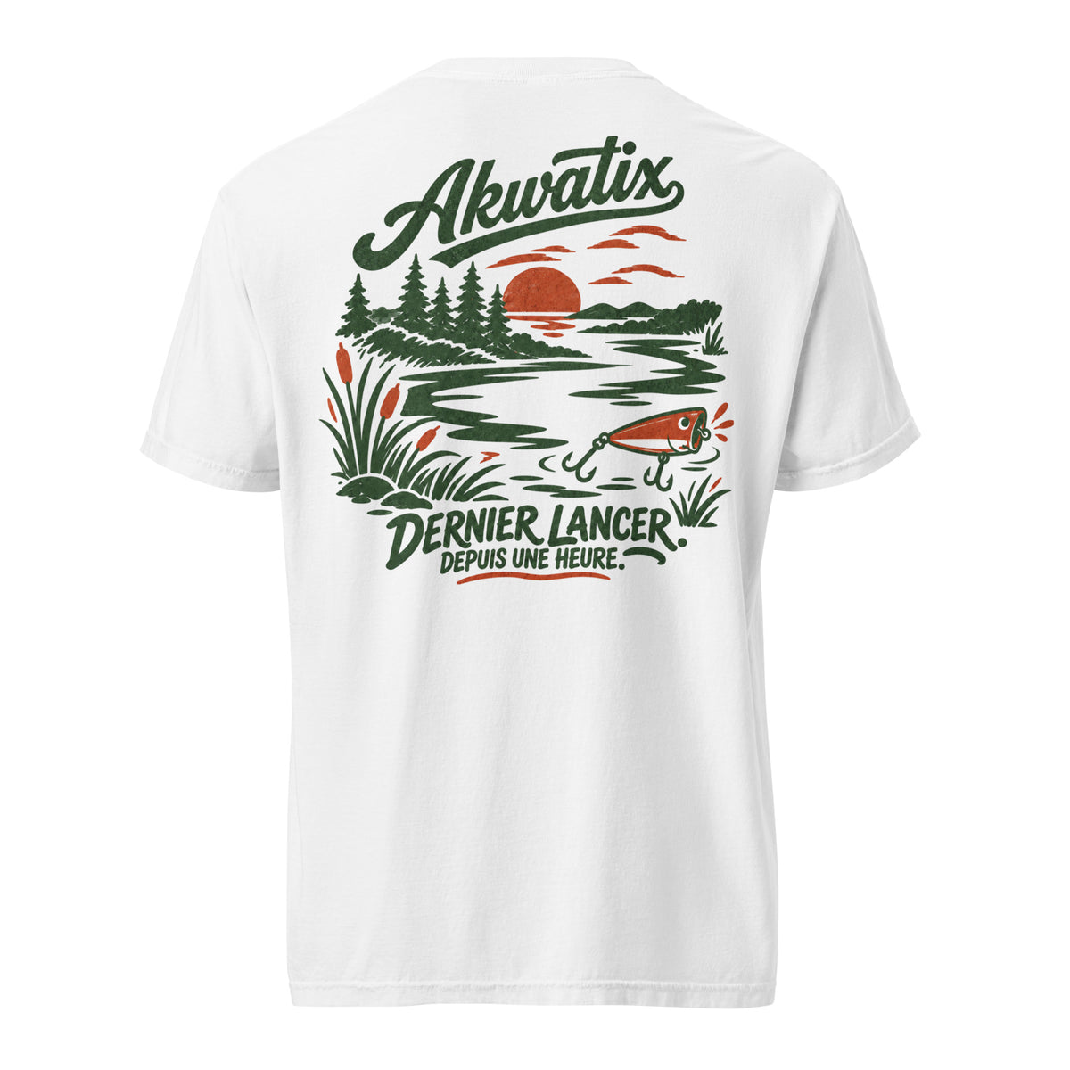 Back of the white Akwatix Last Cast heavyweight tee with vintage fishing artwork in olive and terracotta.