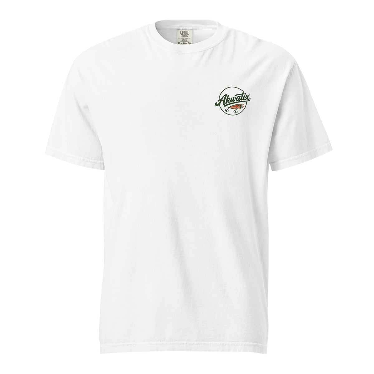 Front of the white Akwatix Last Cast heavyweight tee with a small fishing lure chest emblem.