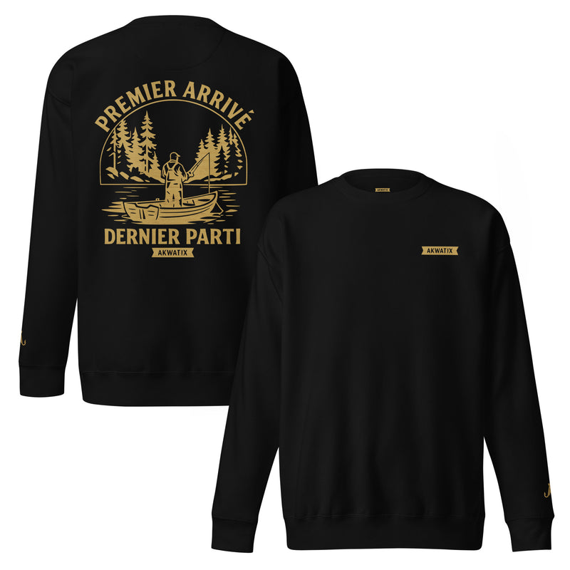 Premier Arrivé, Dernier Parti — Premium Crewneck by Akwatix — black, front and back view